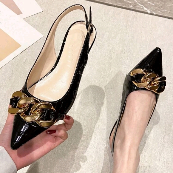 Shoes - Women Chain Decor Crocodile Embossed Sandals, Fashionable Point Toe Slingback Fl